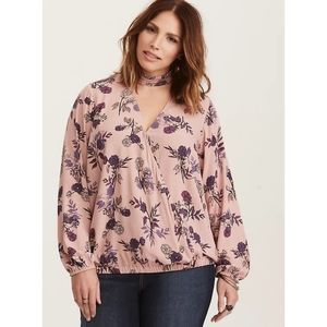 Torrid Floral Print Chiffon Mock Neck Surplice Blouse